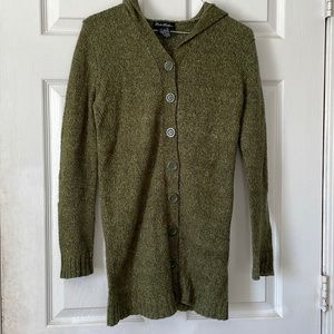 Linda Matthews green hooded button up long sleeve cardigan sweater top shirt S